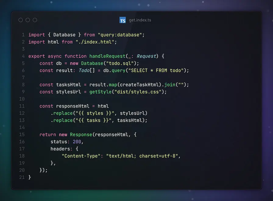 TypeScript code for a Query web app: handles database queries and HTTP responses for a todo list application.